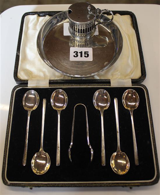 Cased silver, mustard pot, dish, coffee spoons